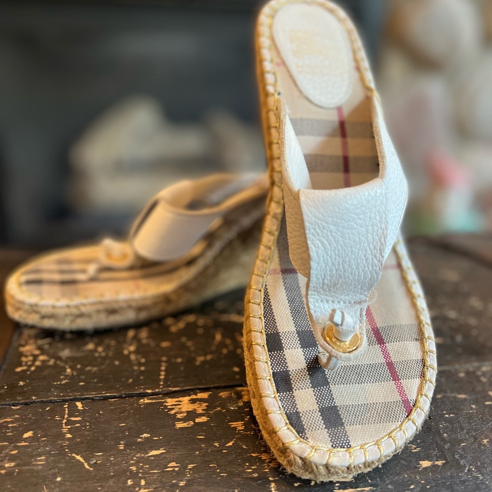 Burberry Shoes | Burberry Check Espadrille Wedge Sandals | Color: Tan/white sz40